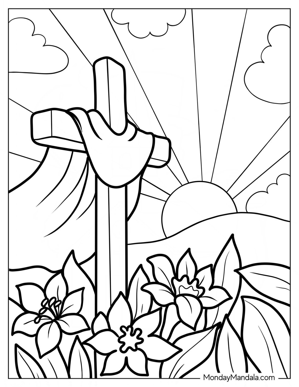 Easter Coloring Page Of Cross With Flowers And Sun On Easter For Kids