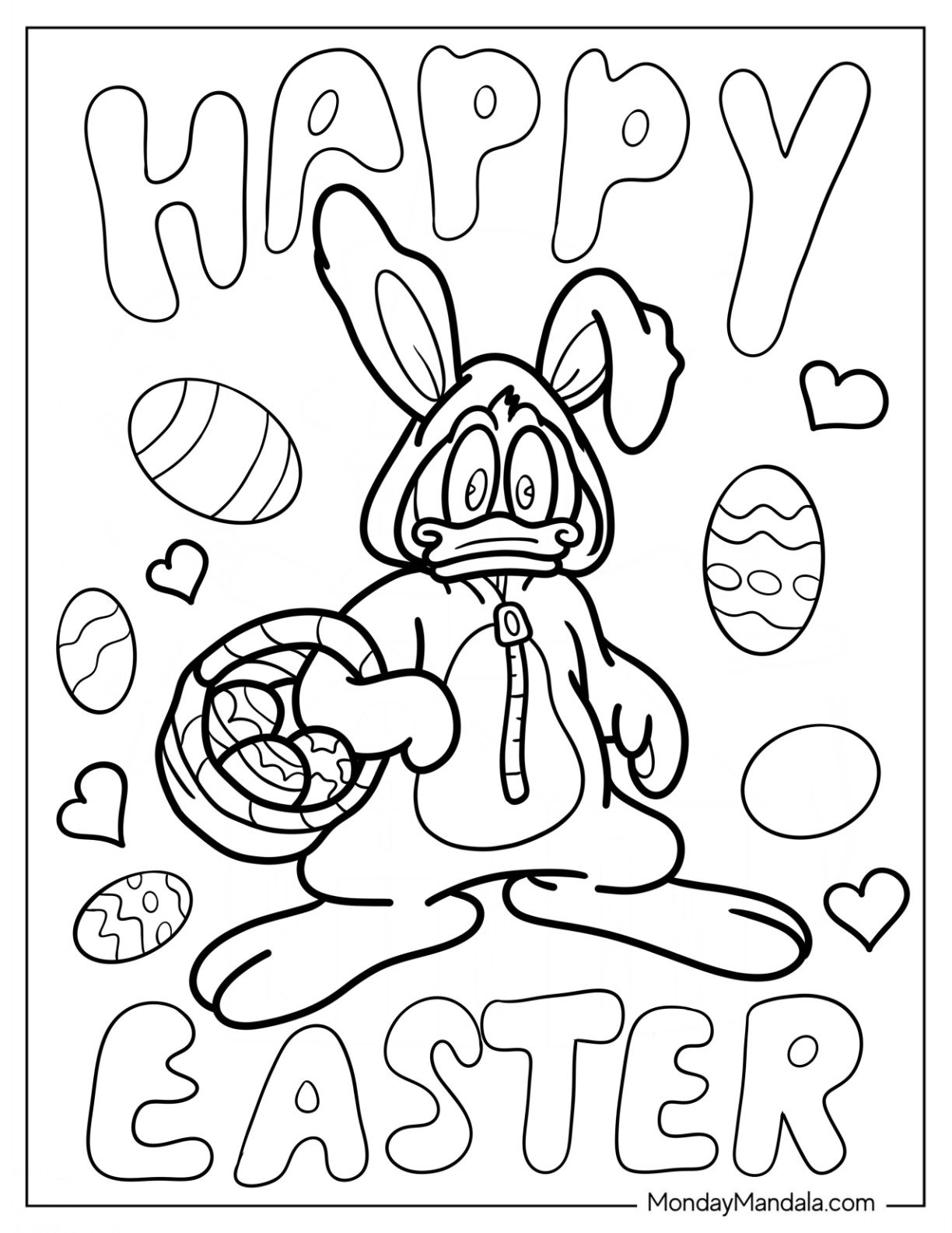 Easter Coloring Page Of Donald Duck As Easter Bunny Carrying Basket Of Eggs