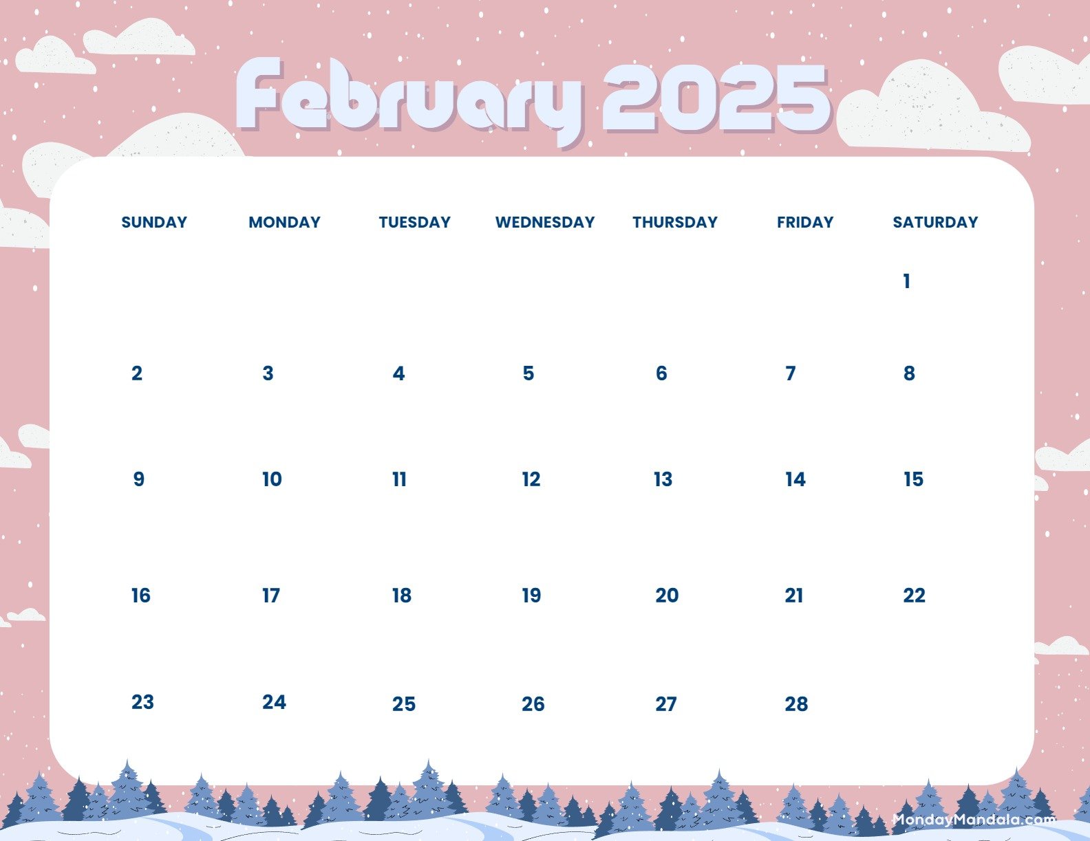February 2025 Calendar Printable Cloudy Landscape